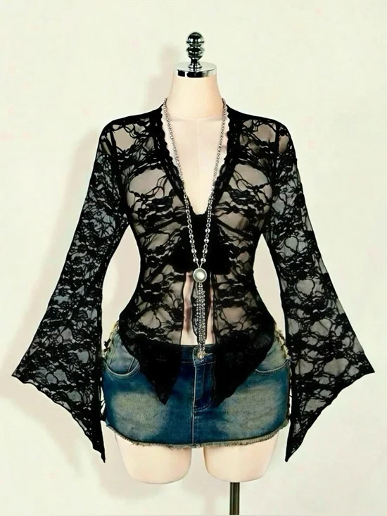 ✨🖤 Black Lace Long Bell Sleeve Tie Front Sheer Top - Picture 4 of 6